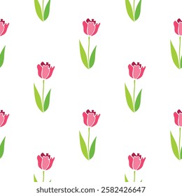 Vector seamless pattern with red tulip flowers. Cute bright texture, backdrop for wrapping paper, textile. Topic of spring, blooming nature, holidays design