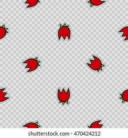 Vector seamless pattern with red tulip flower. Hand drawn cute and funny fashion illustration patches or stickers kit. Modern doodle pop art sketch badges and pins