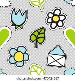 Vector seamless pattern with red tulip, clouds, open mail envelope, green heart, green leaf, camomile, forget-me-not flower. Hand drawn cute and funny fashion illustration patches or stickers kit.