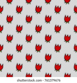 Vector seamless pattern with red tulip flower. Hand drawn cute and funny fashion illustration patches or stickers kit. Modern doodle pop art sketch badges and pins