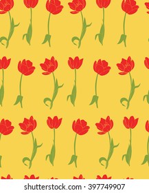 Vector Seamless Pattern. Red tulips on a yellow background