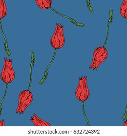 vector of seamless pattern with red tulips on blue background