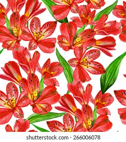 Vector seamless pattern with red watercolor alstroemeria flowers. Abstract floral texture. 