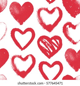 Vector seamless pattern with red watercolor hearts on white, hand drawn background with symbols of love, romantic texture