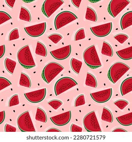 Vector seamless pattern with red watermelon slices on a pink background in a flat style. Ideal for print, wrapping paper, wallpaper, fabric, design.