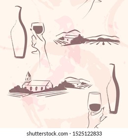 Vector seamless pattern with red wine stains, human hand hold wine glass, wine bottle and vineyard landscape hand drawn. For packaging design, advertisement background, banners, tags, stickers, poster