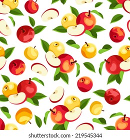 Vector seamless pattern with red and yellow apples and green leaves on a white background.