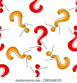 Vector seamless pattern with red and yellow question marks and abstract figures. Ideal for FAQ, problem-solving, and curiosity-related designs.