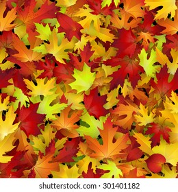 Vector seamless pattern with red and yellow autumn leaves, natural backdrop