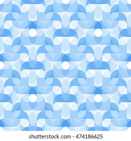 Vector seamless pattern of regular geometric shapes with radial circles in gentle pastel blue colors, for design backgrounds, printing, textile, packaging and websites.