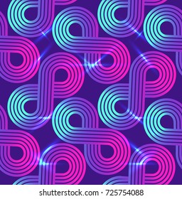 Vector seamless pattern. Regular geometric background with infinity sign. Suitable for any print design in neon, disco style. Vintage illustration for invitation, postcard, cover, banner or flyer, web