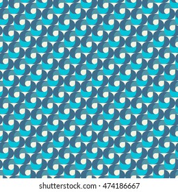 Vector seamless pattern of regular radial waves swirl geometric shapes chain with droplets inside the turquoise and dark blue colors, for design backgrounds, printing, textile, packaging and websites.