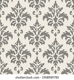 Vector seamless pattern. Reimagined damask swatch. Antique ornament in contemporary graphic style. Contrast stylish background. Modern repeating texture.