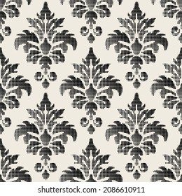 Vector seamless pattern. Reimagined damask swatch. Antique ornament in contemporary graphic style. Contrast stylish background. Modern repeating texture.