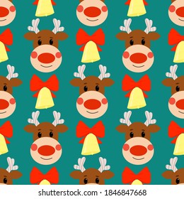 Vector seamless pattern with reindeer and bell with red bow. Festive winter ornament in flat cartoon style.