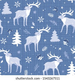 Vector seamless pattern with reindeer, fir trees and snowflakes. Winter repeated texture with deer and forest tree. Blue wrapping paper with animals.