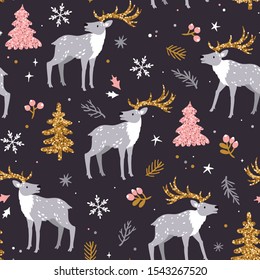 Vector seamless pattern with reindeer, fir trees and snowflakes. Winter repeated texture with golden glitter. Background with deer and forest tree. Bright wrapping paper. Holiday ornament with animals