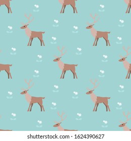 Vector seamless pattern with reindeers (caribou) and flores, for Christmas and New Year