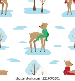 Vector seamless pattern with reindeers in scarf and snowy trees in winter in cartoon style