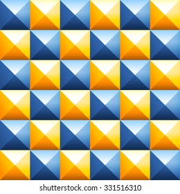 Vector seamless pattern with relief colorful plastic cubes arranged in a row. Geometric tileable background with blue and orange pyramidal ornament