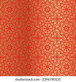 Vector seamless pattern in the Renaissance style. Luxurious red embroidered lace ornament on a gold background.