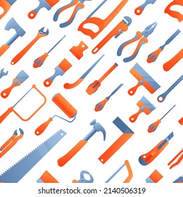 Vector seamless pattern with repair working tools. Cartoon hardware tools texture background. Vector illustration equipment for home repair, renovation, building and construction. Hand work tools.
