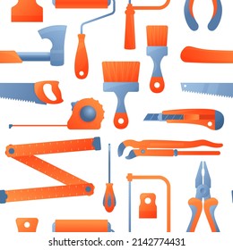 Vector seamless pattern with repair working tools. Cartoon hardware tools texture background. Vector illustration equipment for home repair, renovation, building and construction. Hand work tools.