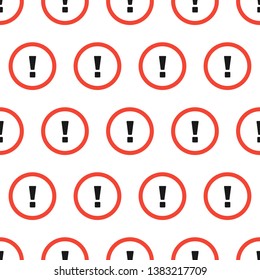 Vector seamless pattern. Repeatable circle sign with exclamation mark on white background. Abstract texture for fabric, textile, paper, wrapping
