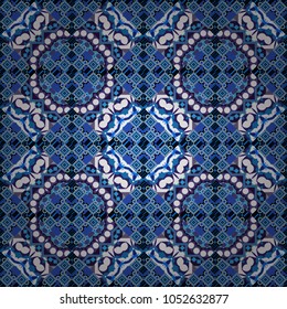 Vector seamless pattern, repeating abstract figures. Illustration in blue, white and violet colors. Graphic modern seamless pattern for fabric, event, wallpaper etc.