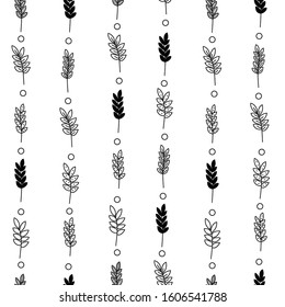 Vector seamless pattern, repeating abstract small leaves rye and circle. Light modern simple wallpaper monochrome graphic element. Clean design for fabric, wallpaper, background. 