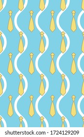 Vector seamless pattern. Repeating abstract geometric texture. Yellow tie and white wavy line objects with cyan background.