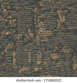 Vector seamless pattern, repeating background with unreadable scribbles imitating handwritten text on a dark background in retro style. Suitable for wallpaper, wrapping paper, fabric