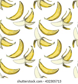Vector seamless pattern of repeating banana fruit. Color yellow season vegetarian food hand drawn illustration. 