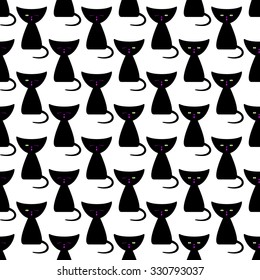Vector seamless pattern with repeating black colored meowing kittens situated in staggered rows and isolated on white background
