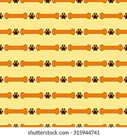 Vector seamless pattern with repeating contoured bones and paw prints isolated on ginger background