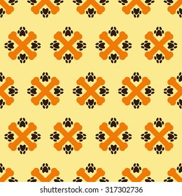 Vector seamless pattern with repeating crossed bones and paw prints isolated on ginger background