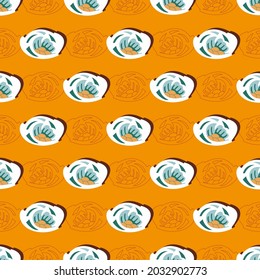 Vector seamless pattern with repeating flower motifs on a mango sorbet color background suitable for different kind of textile products. Japanese fabric design pattern