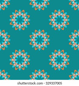 Vector seamless pattern. Repeating geometric floral pattern. Blue Orange Light Sea Green colors.