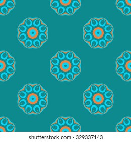 Vector seamless pattern. Repeating geometric floral pattern. Blue Orange Light Sea Green colors.