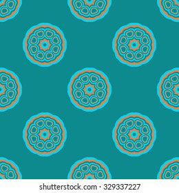 Vector seamless pattern. Repeating geometric floral pattern. Blue Orange Light Sea Green colors.