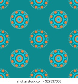 Vector seamless pattern. Repeating geometric floral pattern. Blue Orange Light Sea Green colors.