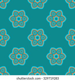 Vector seamless pattern. Repeating geometric floral pattern. Blue Orange Light Sea Green colors.