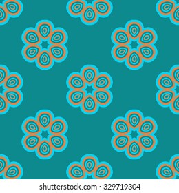 Vector seamless pattern. Repeating geometric floral pattern. Blue Orange Light Sea Green colors.