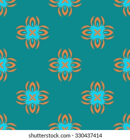Vector seamless pattern. Repeating geometric floral pattern. Blue Orange Light Sea Green colors.