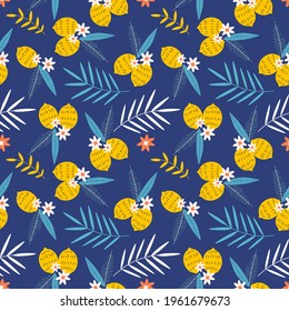 vector seamless pattern with repeating lemons  and palm leaves on a blue background. bright flat illustration for printing on fabric, clothing, wrapping paper. background for websites and applications