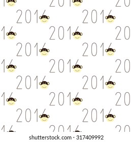 Vector seamless pattern with repeating numbers 2016 and smiling monkey face as part of number 6. Chinese New Year greeting background
