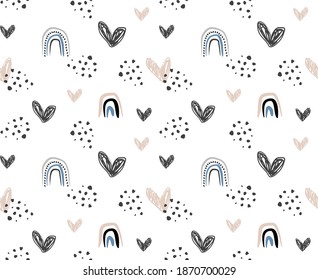 vector seamless pattern of repeating rainbows and hearts in pastel black and white colors for printing on textiles or wallpaper