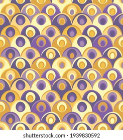 vector seamless pattern of repeating round form with bold line and simple ornament in middle with random colours. dark purple and bright yellow colours, contrast palette