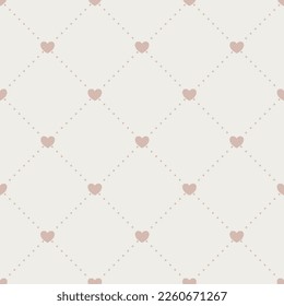 Vector seamless pattern and repeating texture. Dotted rhombuses with cute little hearts in nodes. Valentine's Day, love, relationship. Print for paper, packaging, stationery, card, background, paper.