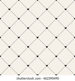 Vector seamless pattern. Vector repeating texture. Dotted rhombuses with hearts in nodes. Stylish simple background for Valentine's Day.